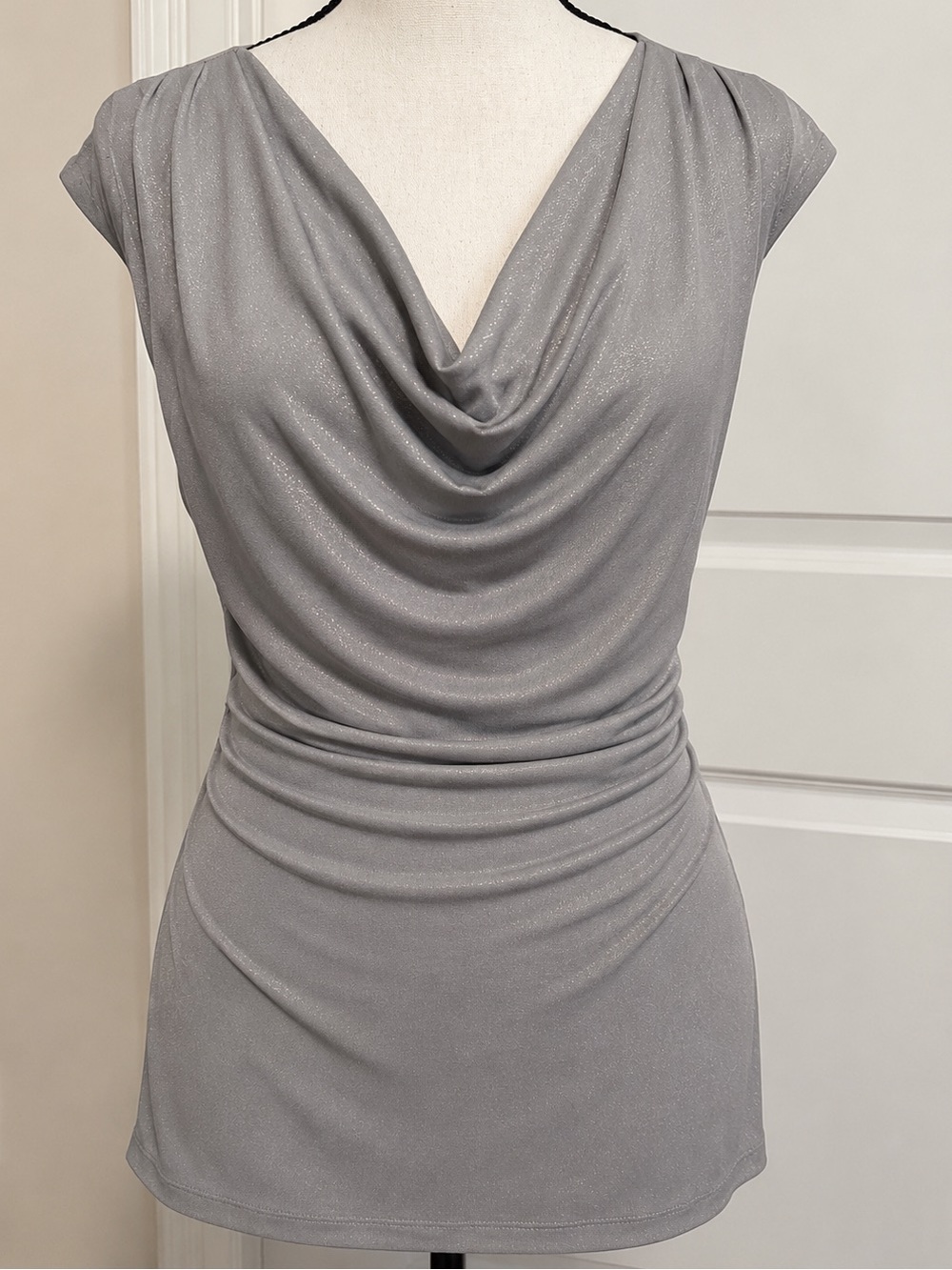 Dressbarn Collection Metallic Silver Ruched Top Size S Elegant Evening Blouse